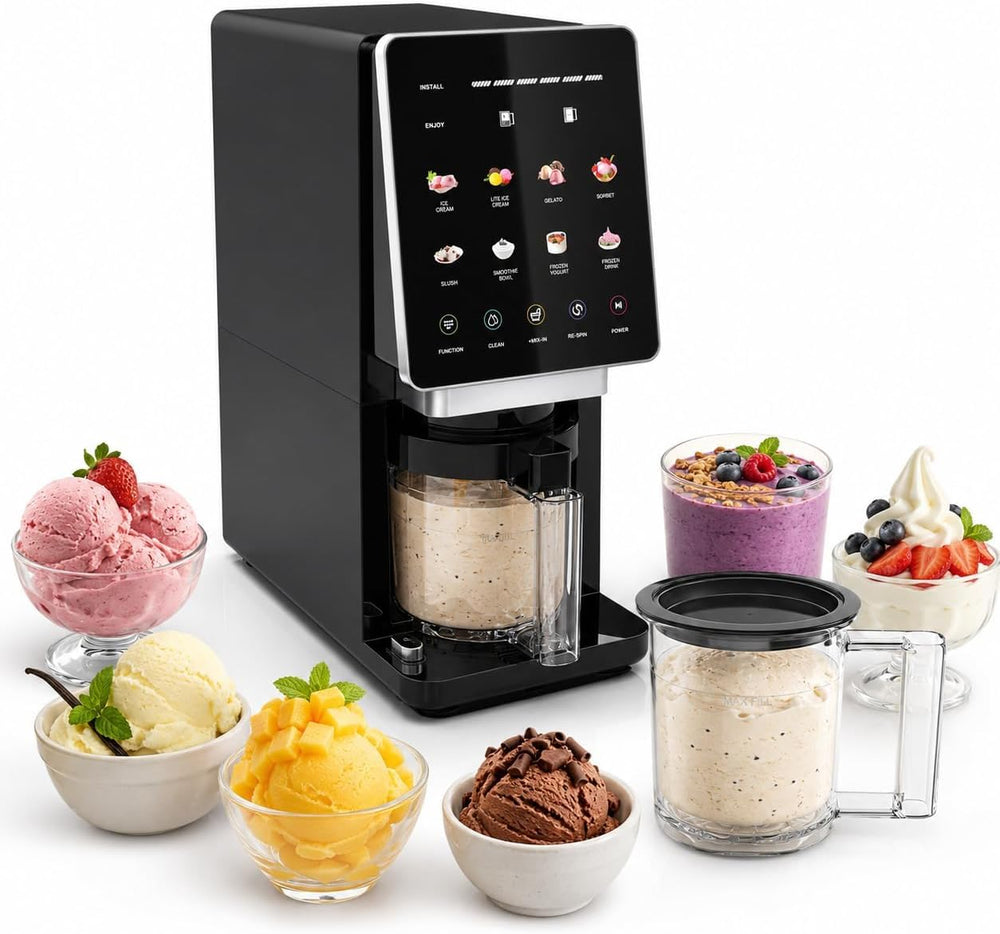 KIKIELF-10-in-1 Ice Cream Maker, 1 x 20 oz Container with Lid, TOP and FULL Modes, Mix-In and Re-Spin, for Gelato, Sorbet, Slushies, Frozen Yogurt, Smoothie Bowls and Frozen Drinks, Black