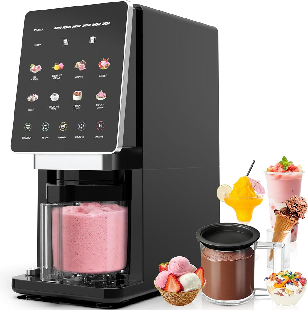 KIKIELF-10-in-1 Ice Cream Maker, 1 x 20 oz Container with Lid, TOP and FULL Modes, Mix-In and Re-Spin, for Gelato, Sorbet, Slushies, Frozen Yogurt, Smoothie Bowls and Frozen Drinks, Black
